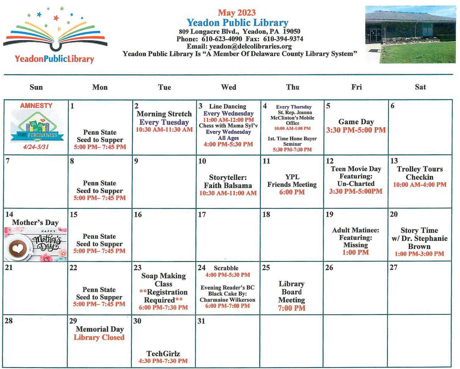 Yeadon Public Library May Events Calendar Yeadon Borough