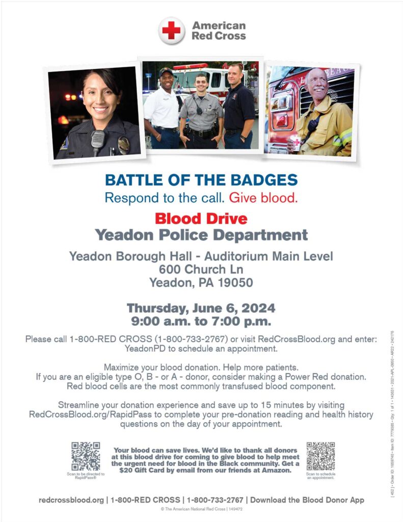 Yeadon Police Blood Drive flyer